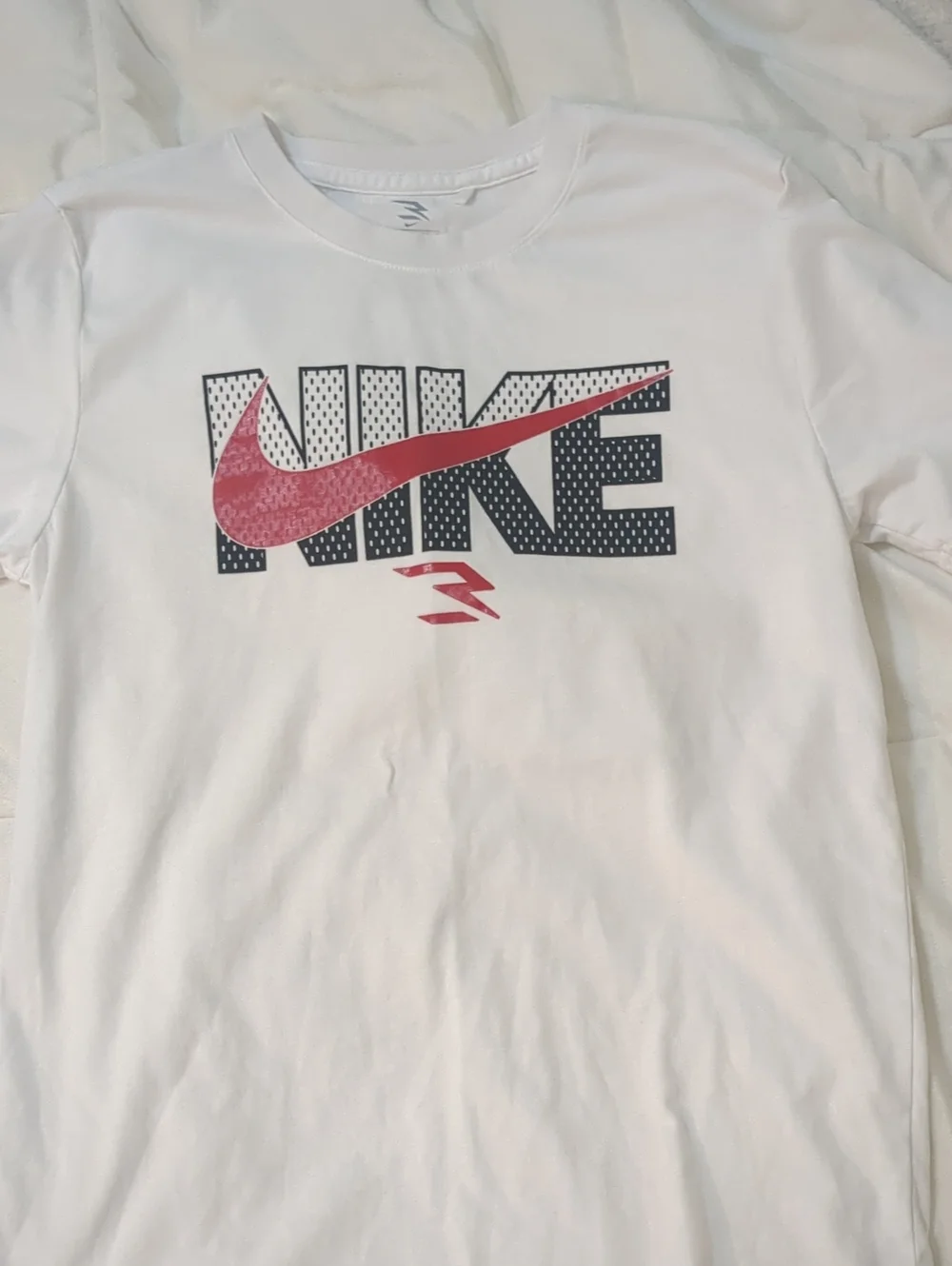 Nike Boy's White Short Sleeve Tee with Black Logo and Red Swoosh